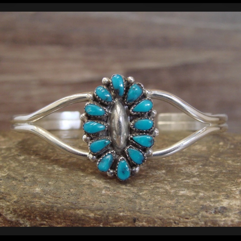 Zuni sterling silver turquoise cluster bracelet